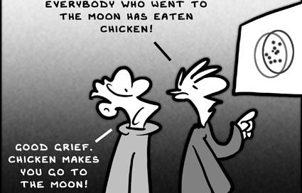 correlation vs causation, chicken makes you go to the moon